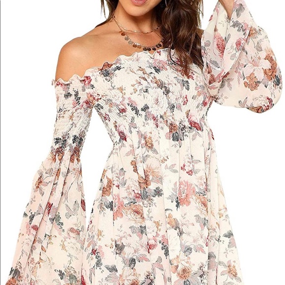 Floral Print Off Shoulder Trumpet Sleeve Dress - Picture 5 of 7